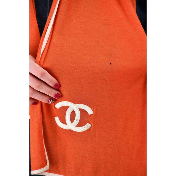Pre-Loved Chanel™ Orange/White Cashmere/Silk Logo Scarf (As Is) - Picture 3 of 3